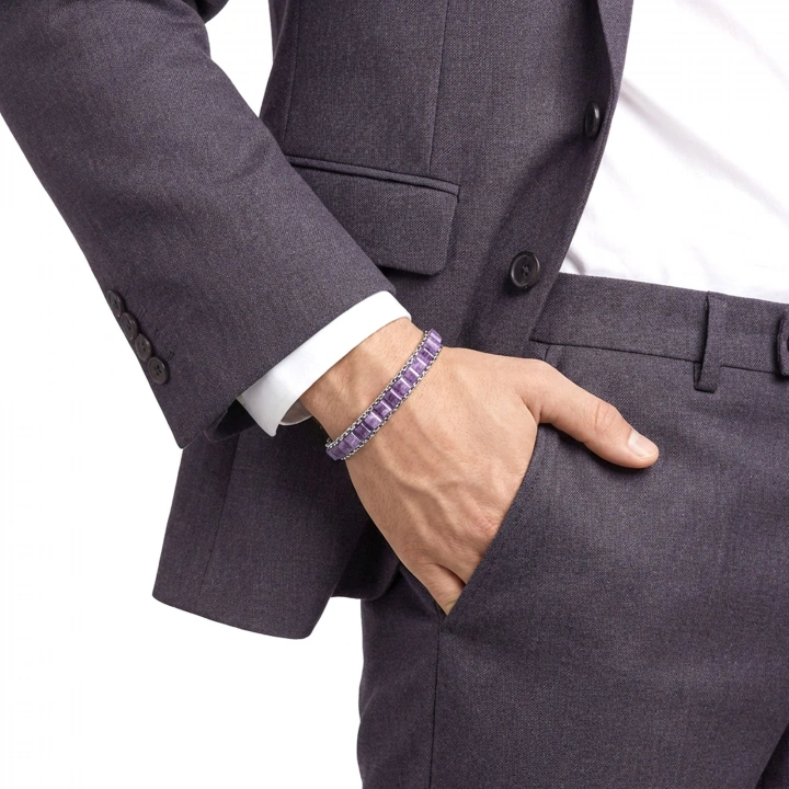 Moncuk Design  Ametist Doğal Taşlı Hasır Örgü Zincirli Erkek Çelik Bileklik 33512B28D16