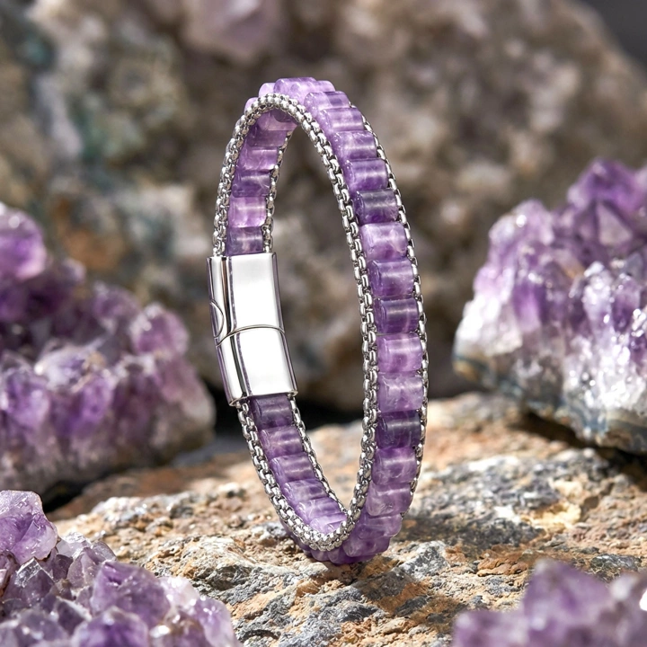 Moncuk Design  Ametist Doğal Taşlı Hasır Örgü Zincirli Erkek Çelik Bileklik 33512B28D16