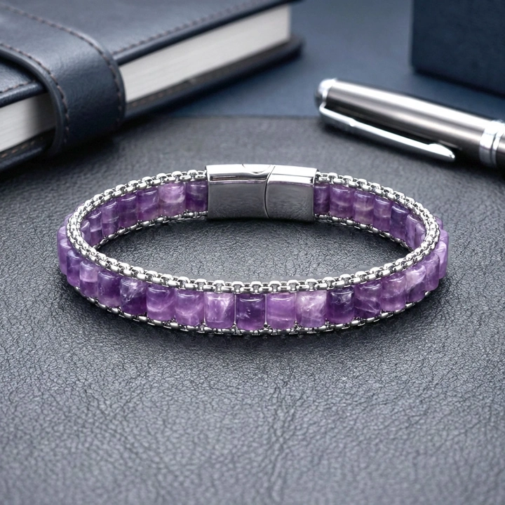 Moncuk Design  Ametist Doğal Taşlı Hasır Örgü Zincirli Erkek Çelik Bileklik 33512B28D16