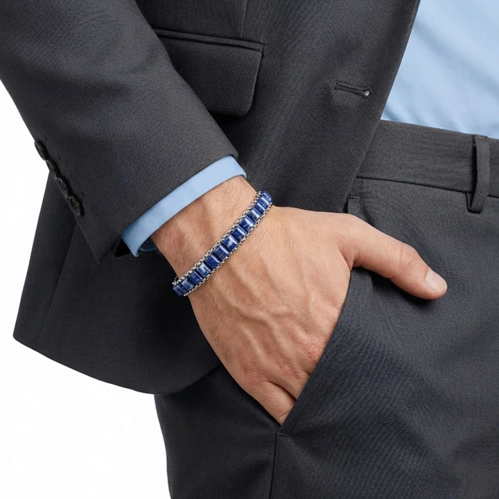 Moncuk Design  Lapis Doğal Taşlı Hasır Örgü Zincirli Erkek Çelik Bileklik 33512B28D17