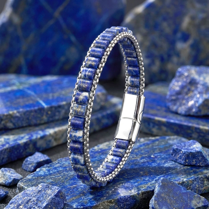 Moncuk Design  Lapis Doğal Taşlı Hasır Örgü Zincirli Erkek Çelik Bileklik 33512B28D17