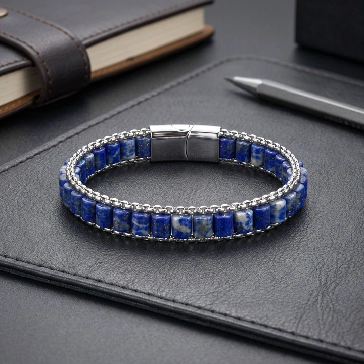 Moncuk Design  Lapis Doğal Taşlı Hasır Örgü Zincirli Erkek Çelik Bileklik 33512B28D17