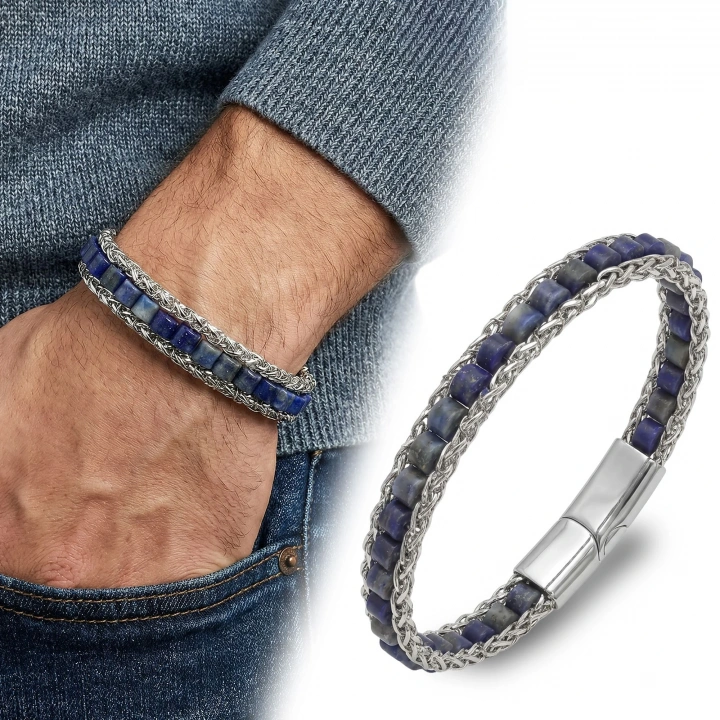 Moncuk Design Lapis Doğal Taşlı Hasır Örgü Zincirli Erkek Çelik Bileklik 33512B28D4