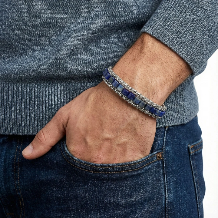 Moncuk Design Lapis Doğal Taşlı Hasır Örgü Zincirli Erkek Çelik Bileklik 33512B28D4