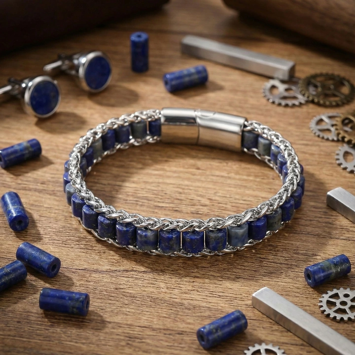 Moncuk Design Lapis Doğal Taşlı Hasır Örgü Zincirli Erkek Çelik Bileklik 33512B28D4