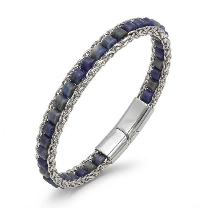 Moncuk Design Lapis Doğal Taşlı Hasır Örgü Zincirli Erkek Çelik Bileklik 33512B28D4