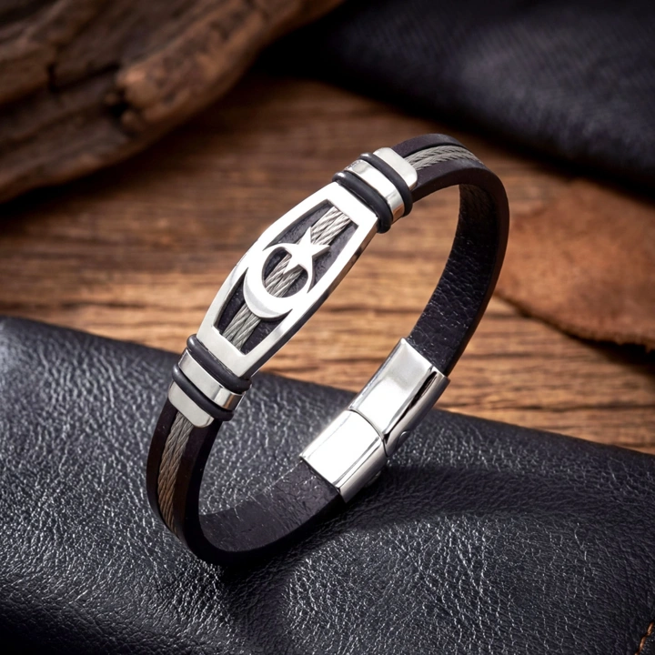 Moncuk Design Ay Yıldız Deri Kordonlu Çelik Halatlı Erkek Bileklik 33514B17D9