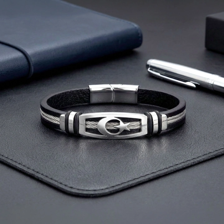 Moncuk Design Ay Yıldız Deri Kordonlu Çelik Halatlı Erkek Bileklik 33514B17D9