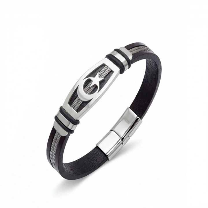 Moncuk Design Ay Yıldız Deri Kordonlu Çelik Halatlı Erkek Bileklik 33514B17D9