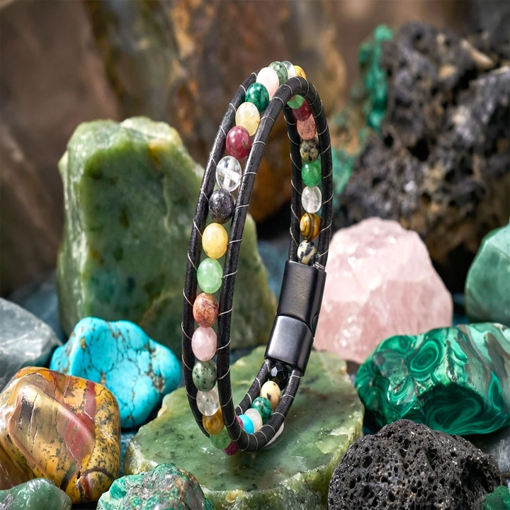 Moncuk Design 6Mm Çakra Akik Taşlı Deri Kordon Ve Çelik Bileklik 33512B2D6M5