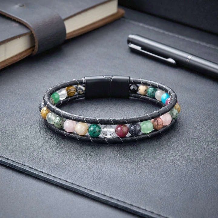 Moncuk Design 6Mm Çakra Akik Taşlı Deri Kordon Ve Çelik Bileklik 33512B2D6M5