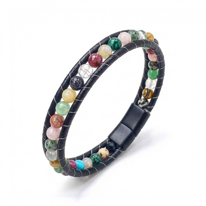 Moncuk Design 6Mm Çakra Akik Taşlı Deri Kordon Ve Çelik Bileklik 33512B2D6M5