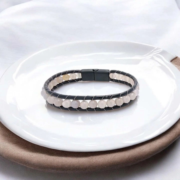 Moncuk Design 6mm Pembe Kuvars Deri Kordon Bileklik 33512B2D6M18