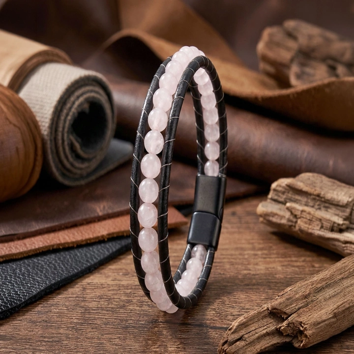 Moncuk Design 6mm Pembe Kuvars Deri Kordon Bileklik 33512B2D6M18