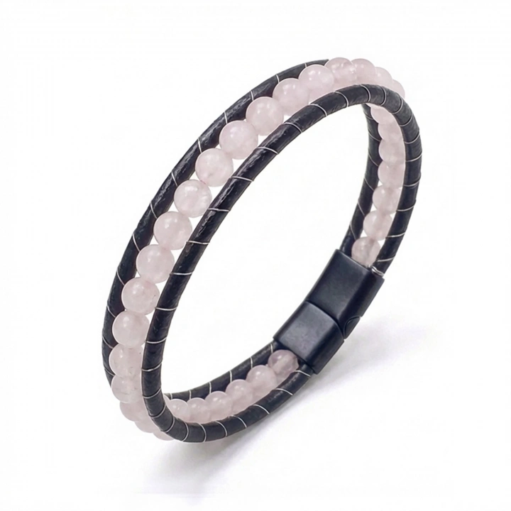 Moncuk Design 6mm Pembe Kuvars Deri Kordon Bileklik 33512B2D6M18