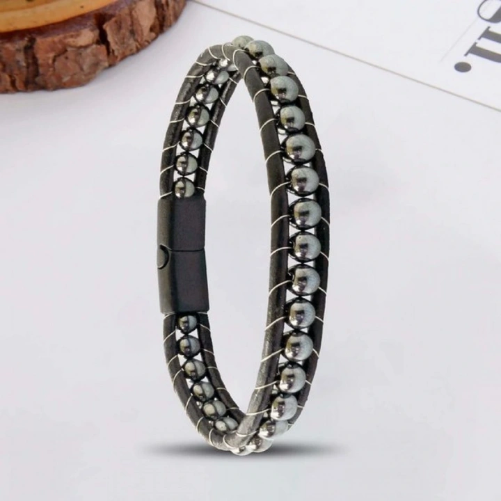 Moncuk Design 6Mm Hematit Taşlı Deri Kordon Ve Çelik Bileklik 33512B2D6M3