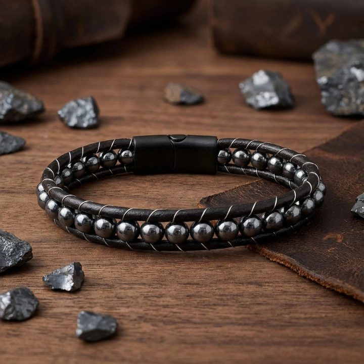Moncuk Design 6Mm Hematit Taşlı Deri Kordon Ve Çelik Bileklik 33512B2D6M3