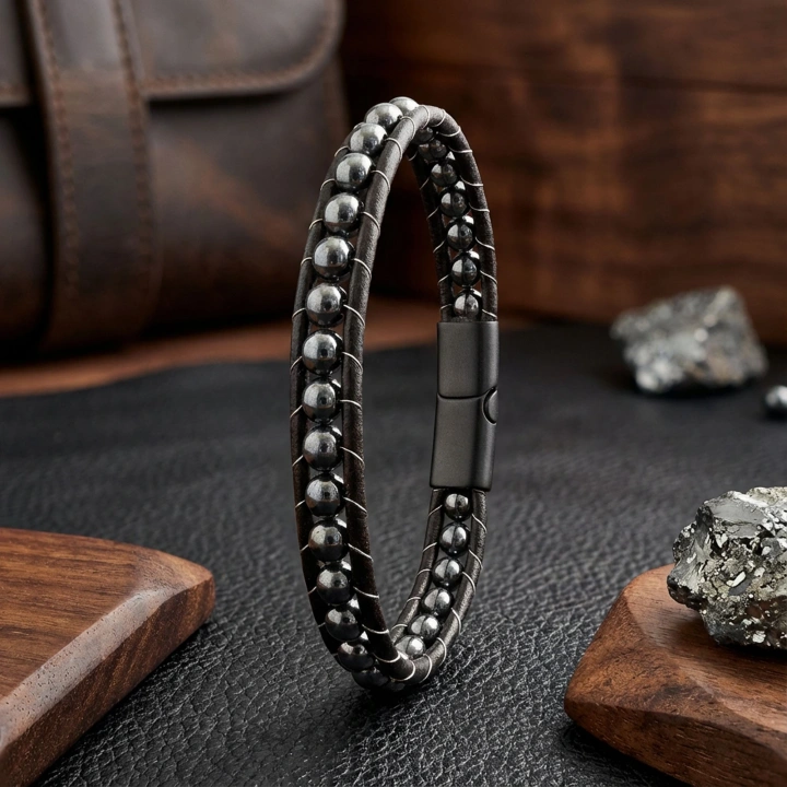 Moncuk Design 6Mm Hematit Taşlı Deri Kordon Ve Çelik Bileklik 33512B2D6M3