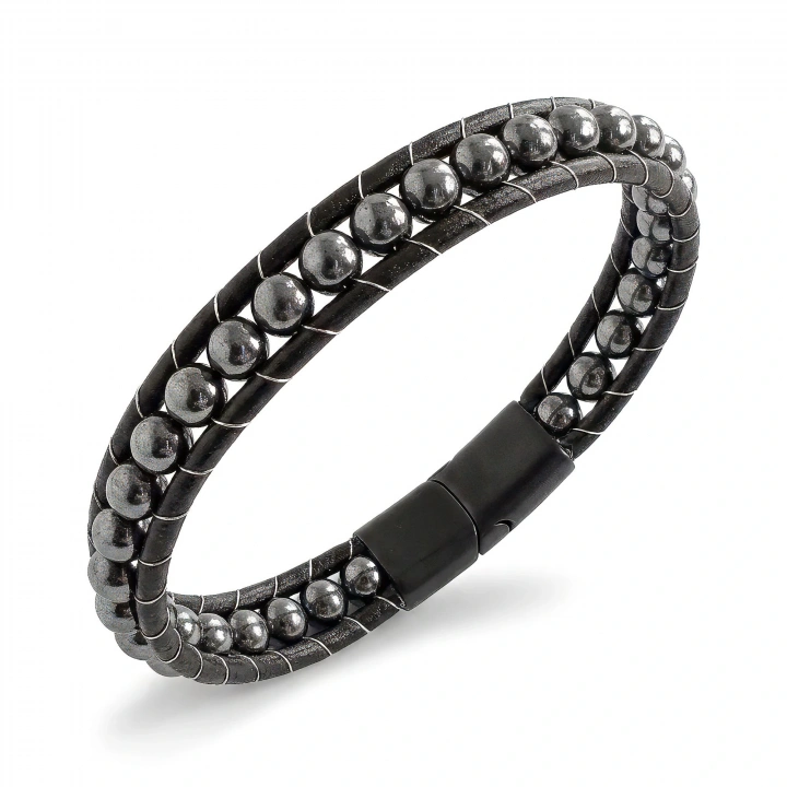 Moncuk Design 6Mm Hematit Taşlı Deri Kordon Ve Çelik Bileklik 33512B2D6M3
