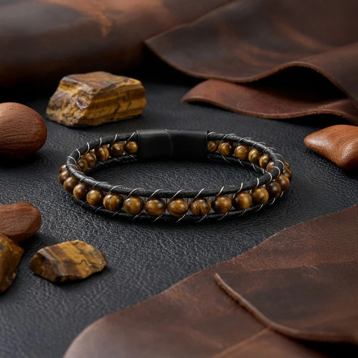 Moncuk Design 6Mm Kaplangözü  Deri Kordon Ve Çelik Bileklik 33512B2D6M16