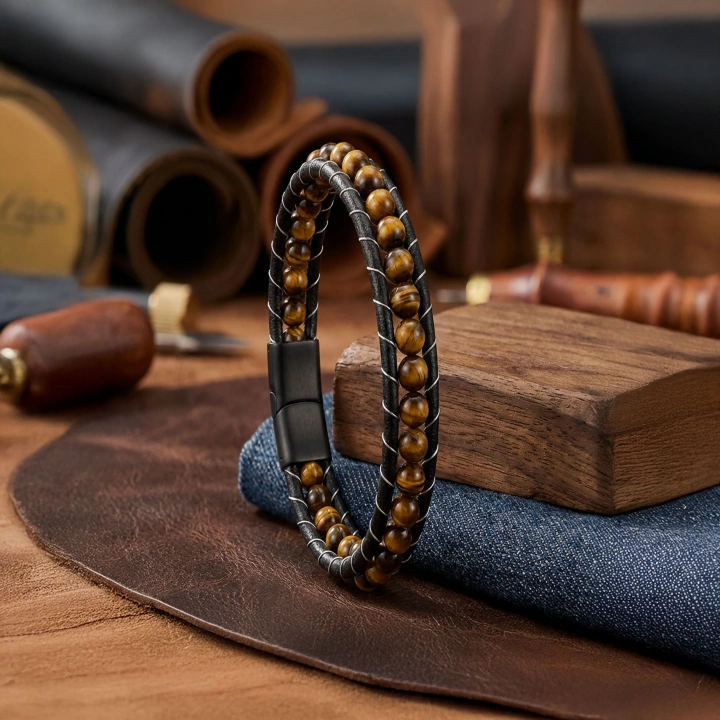 Moncuk Design 6Mm Kaplangözü  Deri Kordon Ve Çelik Bileklik 33512B2D6M16