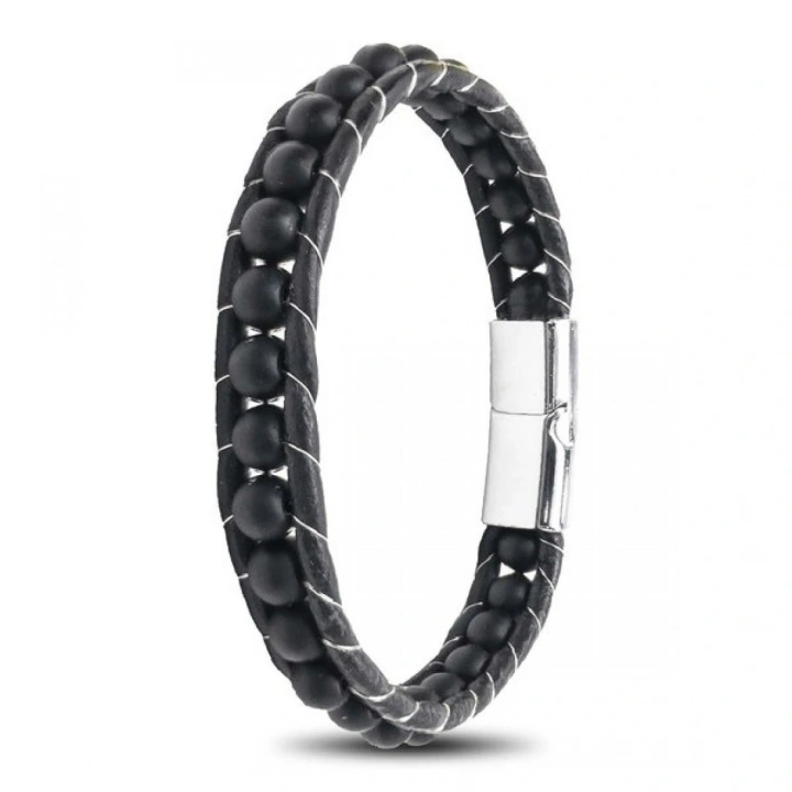 Moncuk Design 6Mm Mat Oniks Taşlı Deri Kordon Ve Çelik Bileklik 33512B2D6M1