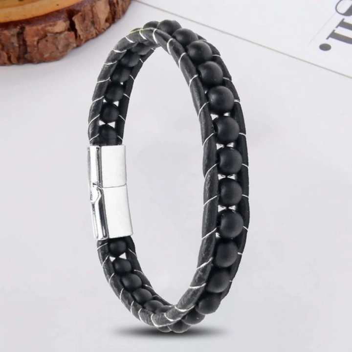 Moncuk Design 6Mm Mat Oniks Taşlı Deri Kordon Ve Çelik Bileklik 33512B2D6M1