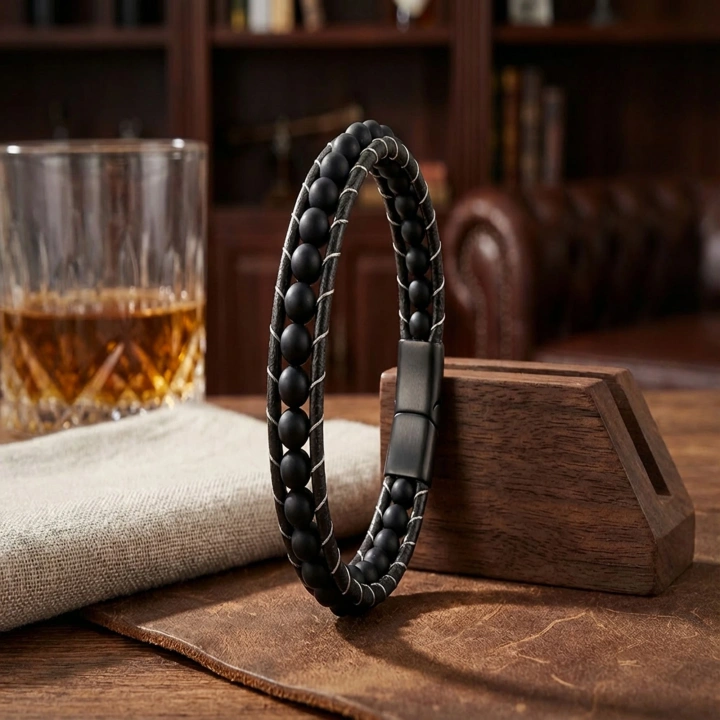 Moncuk Design 6Mm Mat Oniks Taşlı Deri Kordon Ve Çelik Bileklik 33512B2D6M1