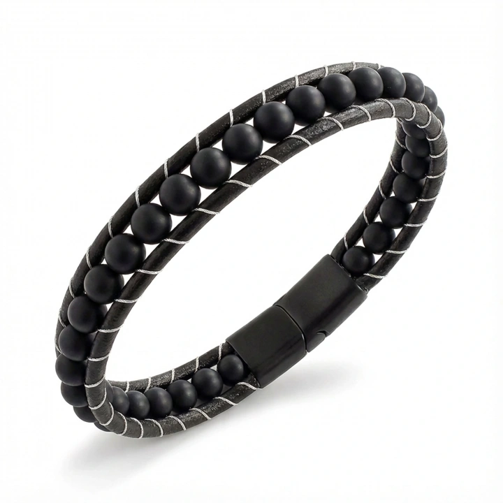 Moncuk Design 6Mm Mat Oniks Taşlı Deri Kordon Ve Çelik Bileklik 33512B2D6M1