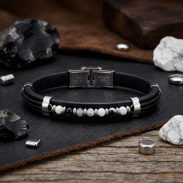 Moncuk Design Akik Damarlı Taşlı Deri Bileklik 33511G6D1M