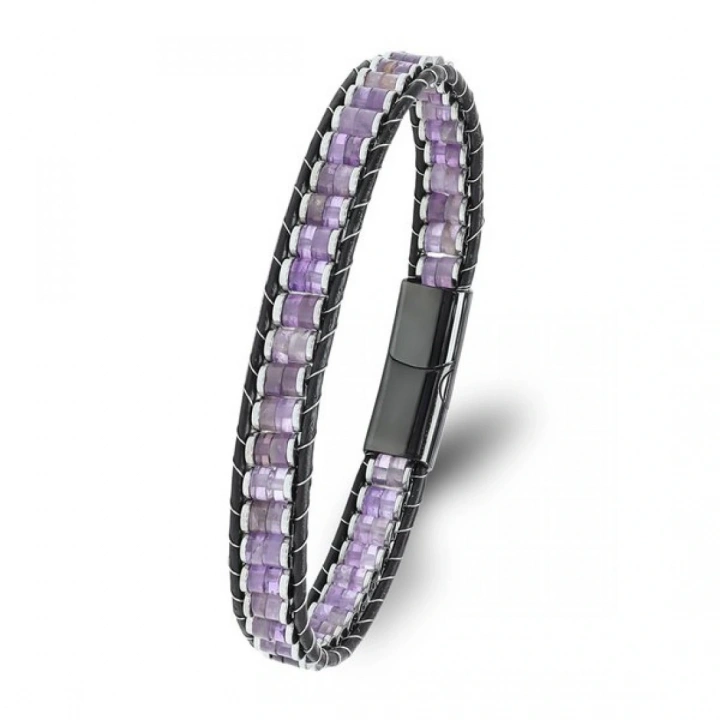 Moncuk Design Ametist & Hematit Çelik Örgülü Deri Bileklik 33512B22D7