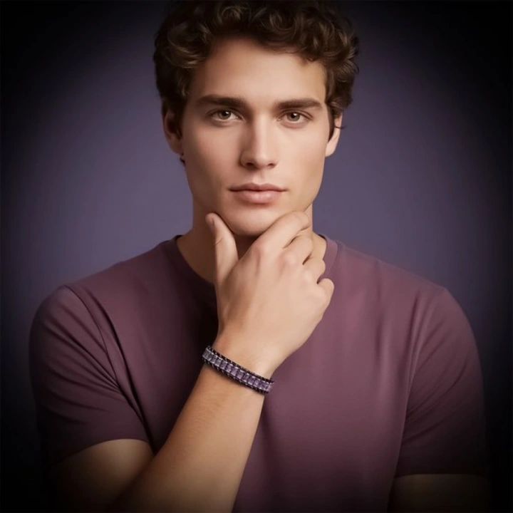 Moncuk Design Ametist & Hematit Çelik Örgülü Deri Bileklik 33512B22D7