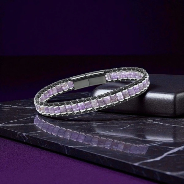 Moncuk Design Ametist & Hematit Çelik Örgülü Deri Bileklik 33512B22D7