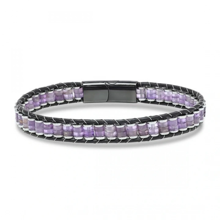Moncuk Design Ametist & Hematit Çelik Örgülü Deri Bileklik 33512B22D7