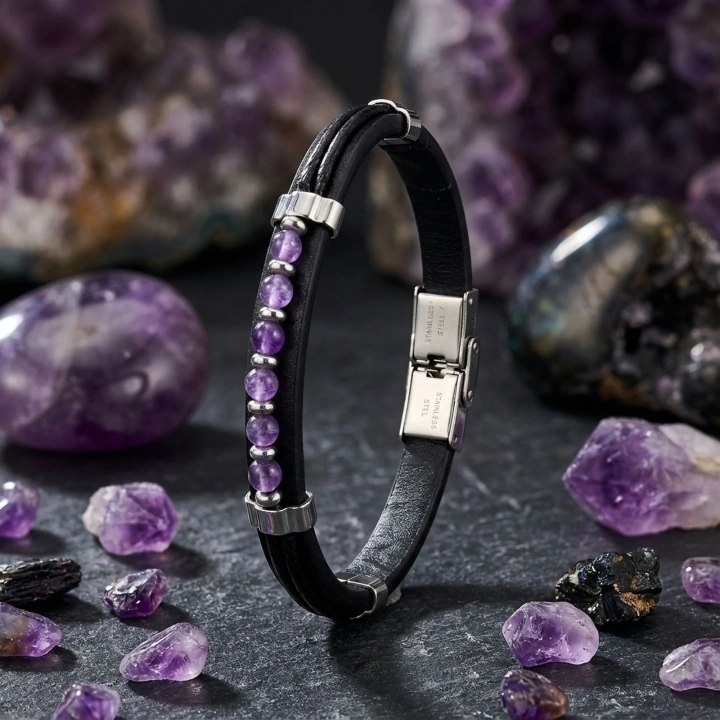 Moncuk Design Ametist Taşlı Deri Bileklik 33511G6D3M
