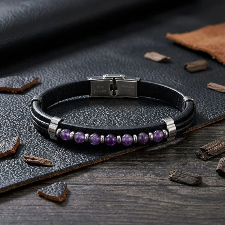 Moncuk Design Ametist Taşlı Deri Bileklik 33511G6D3M