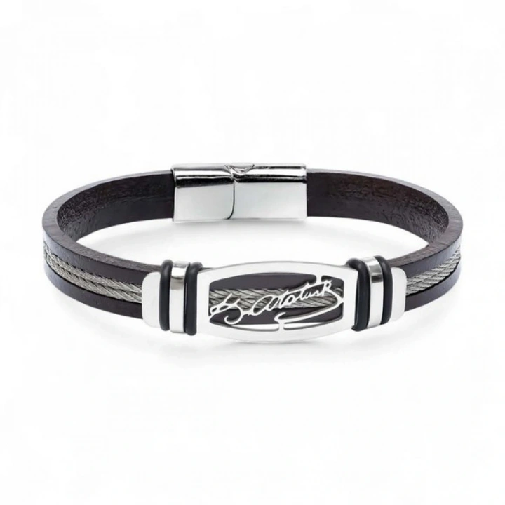 Moncuk Design Atatürk İmzalı Çelik Halatlı Erkek Deri Bileklik 33514B17D2