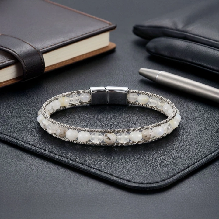 Moncuk Design Çelik Halat Ve Ay Taşı Doğaltaş Bileklik 33512B2DH12