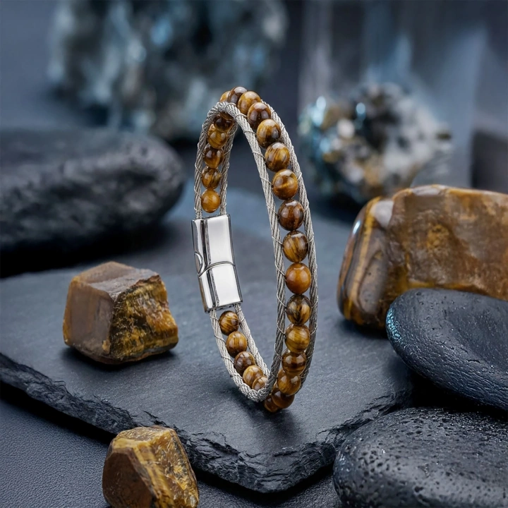 Moncuk Design Çelik Halat Ve Kaplan Gözü Doğaltaş Bileklik 33512B2DH13