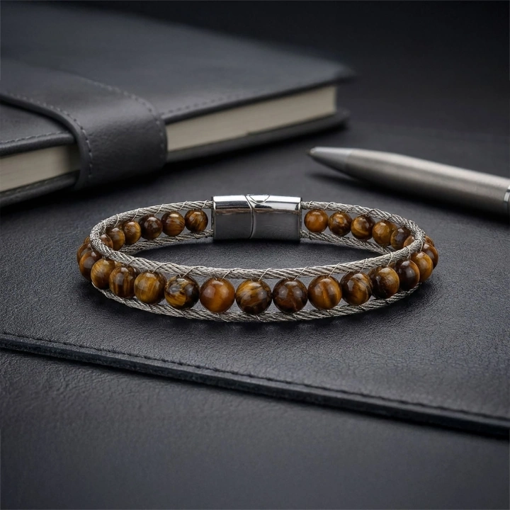 Moncuk Design Çelik Halat Ve Kaplan Gözü Doğaltaş Bileklik 33512B2DH13