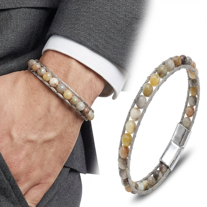 Moncuk Design Çelik Halat Ve Yemen Akik Doğaltaş Bileklik 33512B2DH10