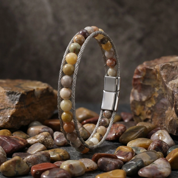 Moncuk Design Çelik Halat Ve Yemen Akik Doğaltaş Bileklik 33512B2DH10