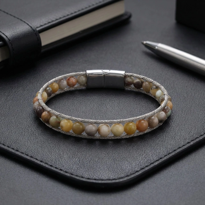 Moncuk Design Çelik Halat Ve Yemen Akik Doğaltaş Bileklik 33512B2DH10