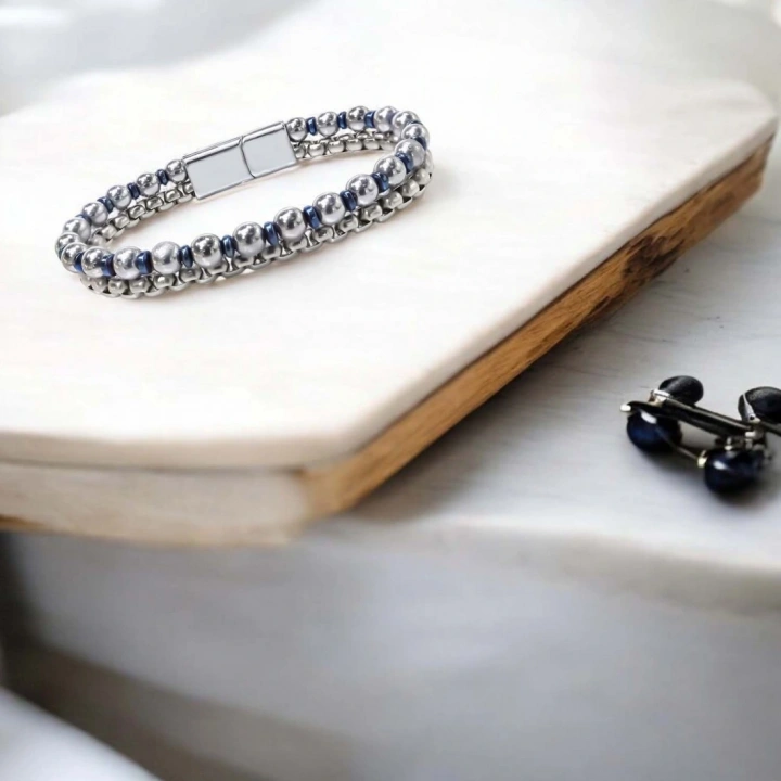 Moncuk Design Çelik Zincirli Gümüş Ve Mavi Hematit Bileklik 33512B21D3