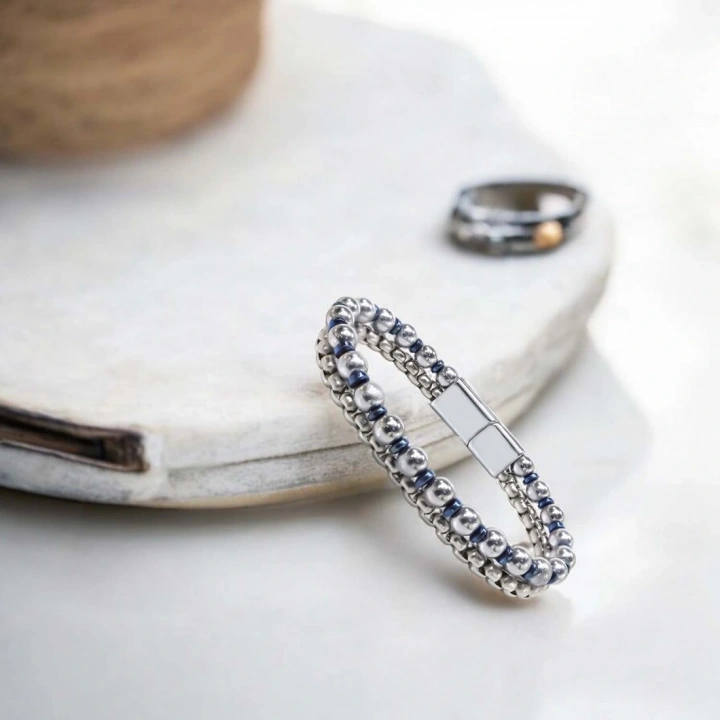 Moncuk Design Çelik Zincirli Gümüş Ve Mavi Hematit Bileklik 33512B21D3