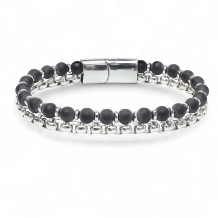 Moncuk Design Çelik Zincirli Mat Oniks Ve Silver Hematit Bileklik 33512B21D11