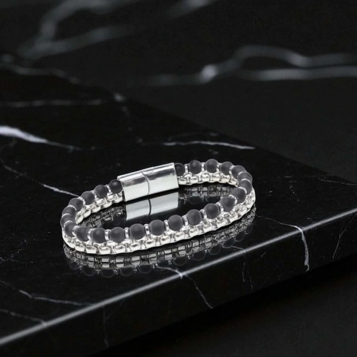 Moncuk Design Çelik Zincirli Mat Oniks Ve Silver Hematit Bileklik 33512B21D11