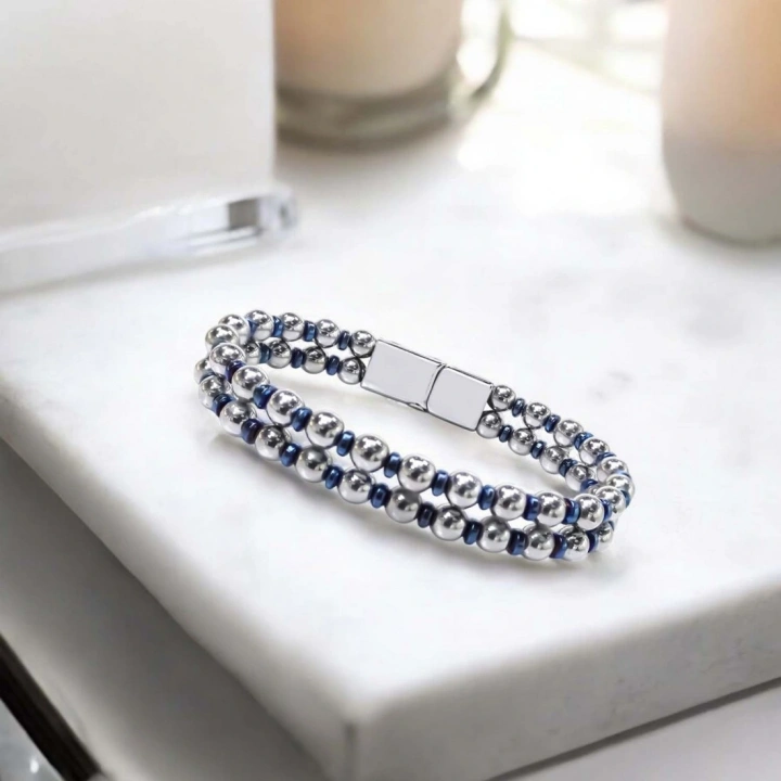 Moncuk Design Çift Gümüş Ve Mavi Renk Hematit Çelik Bileklik 33512B20D3