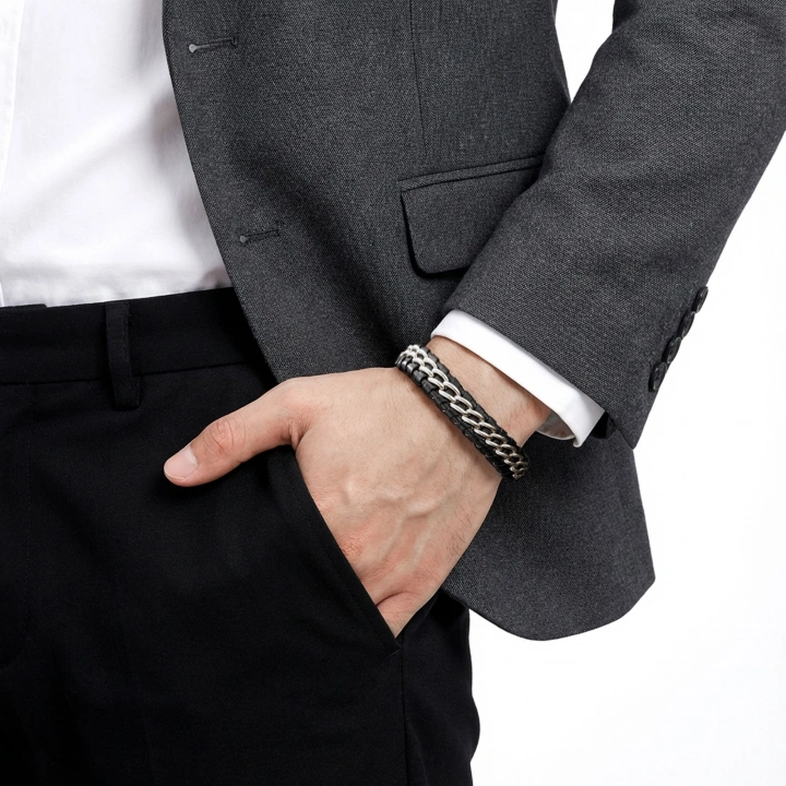 Moncuk Design Çift Zincir Çelik Ve Deri Bileklik 33514B2D2