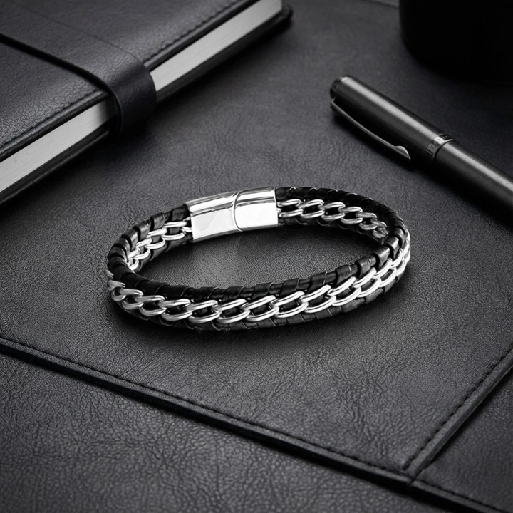 Moncuk Design Çift Zincir Çelik Ve Deri Bileklik 33514B2D2